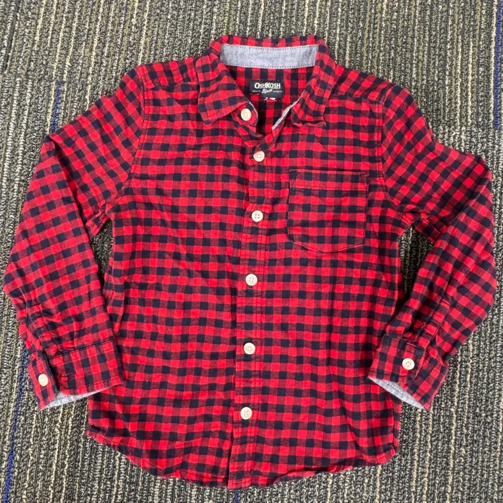 OshKosh B'gosh Flannel Shirt Toddler 5T Red Black Excellent Buffalo Plaid Button